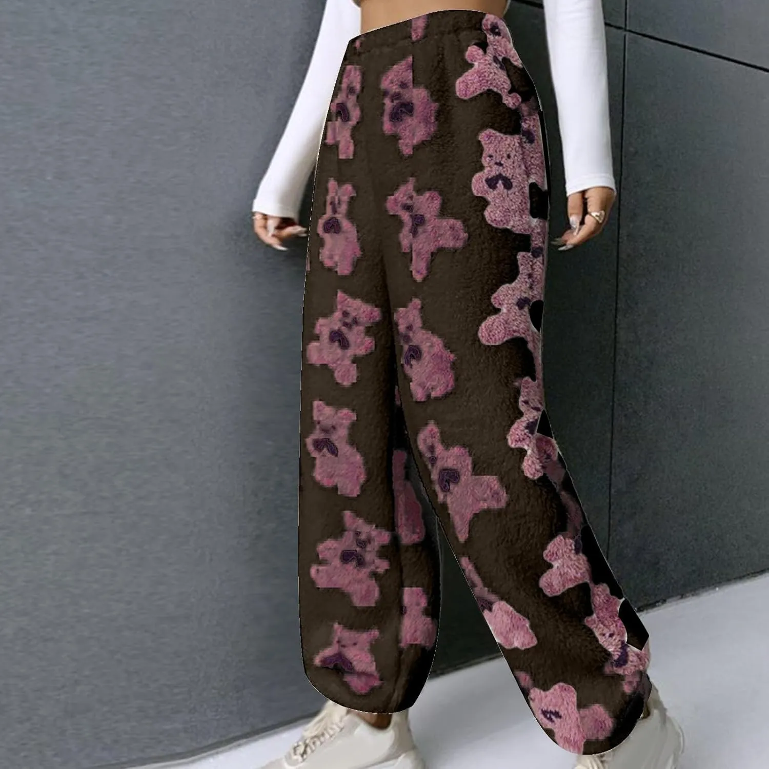 HGps8w Women's Cute Bear Plush Pajama Pants, Soft Fluffy Fleece Warm Pjs Bottoms Sleepwear Winter Comfy Fuzzy Lounge Pants