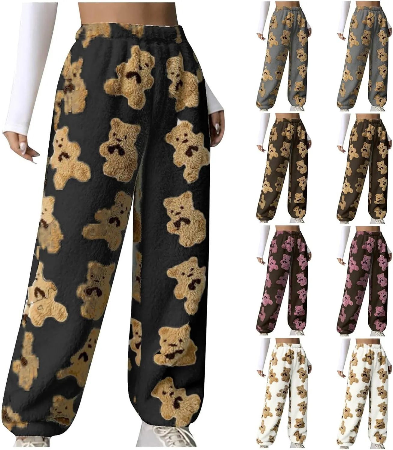 HGps8w Women's Cute Bear Plush Pajama Pants, Soft Fluffy Fleece Warm Pjs Bottoms Sleepwear Winter Comfy Fuzzy Lounge Pants