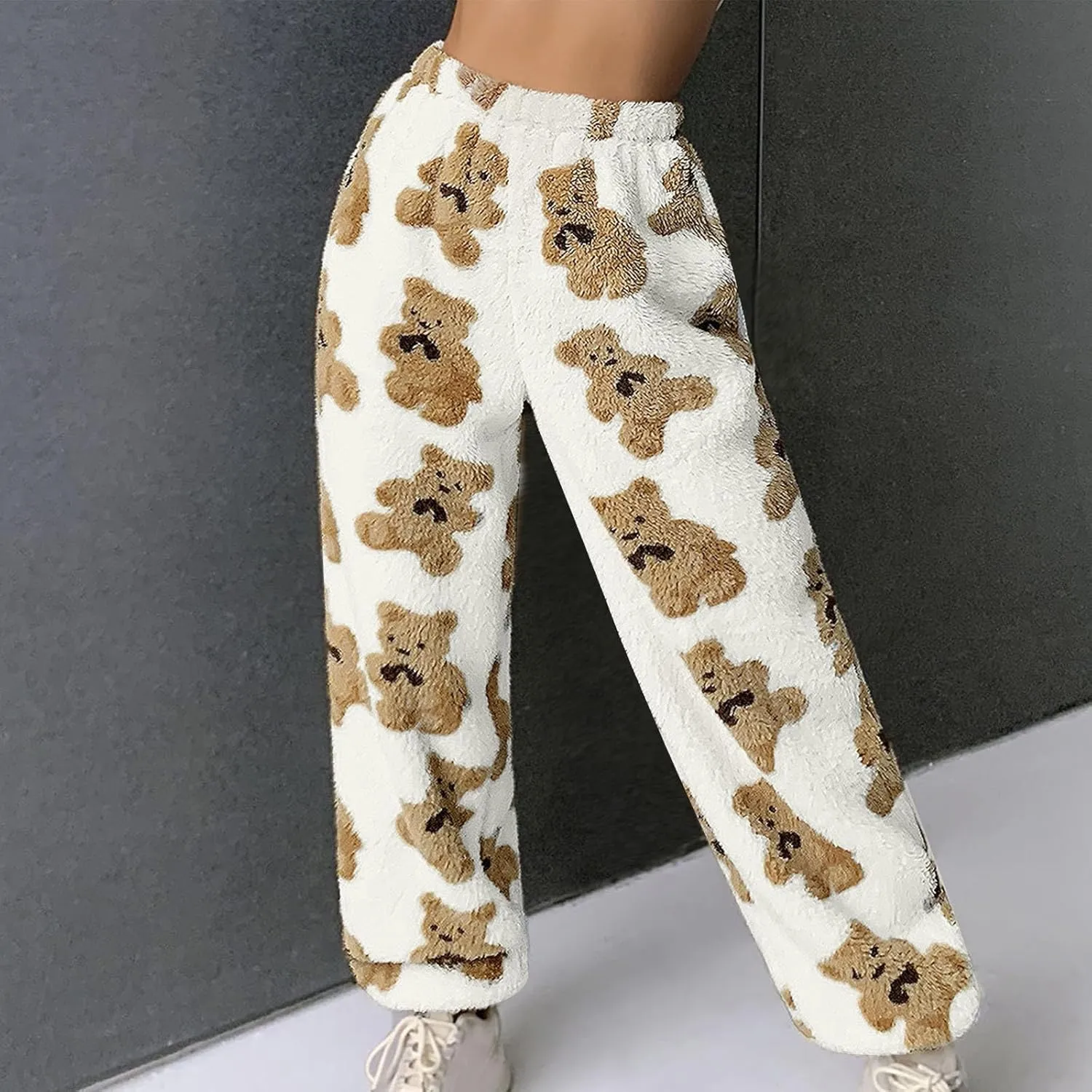 HGps8w Women's Cute Bear Plush Pajama Pants, Soft Fluffy Fleece Warm Pjs Bottoms Sleepwear Winter Comfy Fuzzy Lounge Pants