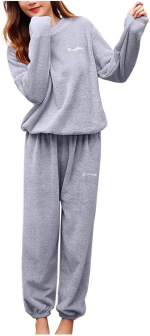 HGps8w Women's Embroidery Fuzzy Fleece Pajama Sets - Long Sleeve Pullover Sleepwear Tops Long Pants 2 Piece Lounge Outfits
