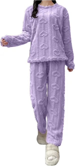 HGps8w Women's Heart Jacquard Fuzzy Fleece Winter Pajama Sets Long Sleeve Sleepwear Comfy Fuffy Plush Pants Lounge Pjs