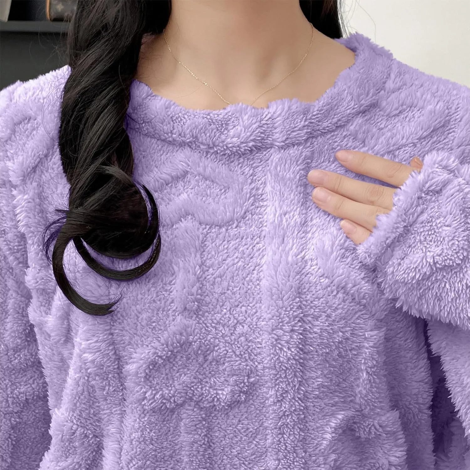 HGps8w Women's Heart Jacquard Fuzzy Fleece Winter Pajama Sets Long Sleeve Sleepwear Comfy Fuffy Plush Pants Lounge Pjs