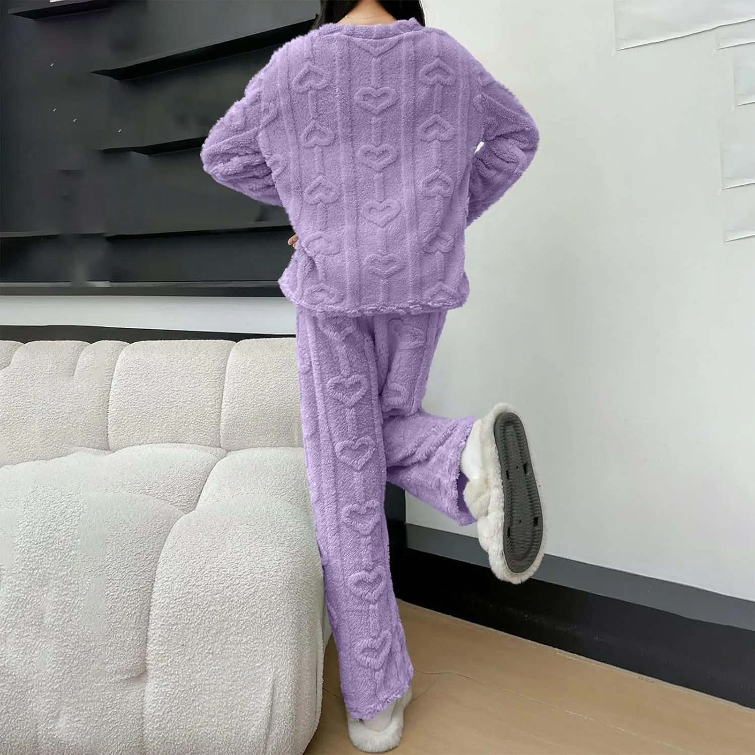 HGps8w Women's Heart Jacquard Fuzzy Fleece Winter Pajama Sets Long Sleeve Sleepwear Comfy Fuffy Plush Pants Lounge Pjs