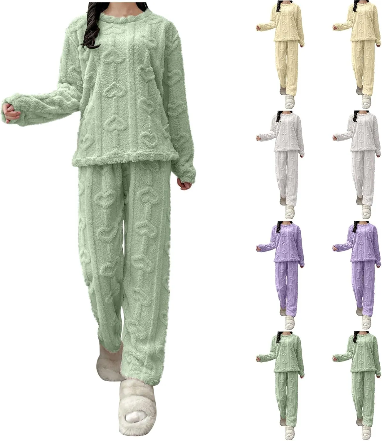 HGps8w Women's Heart Jacquard Fuzzy Fleece Winter Pajama Sets Long Sleeve Sleepwear Comfy Fuffy Plush Pants Lounge Pjs