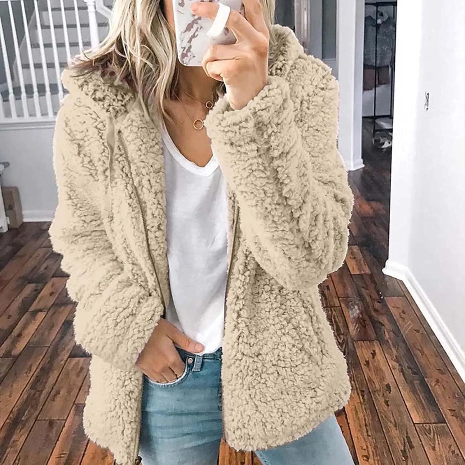 Hooded Cardigan for Women Fuzzy Fleece Open Front Sherpa Coat Solid Soft Casual Winter Outerwear with Pockets
