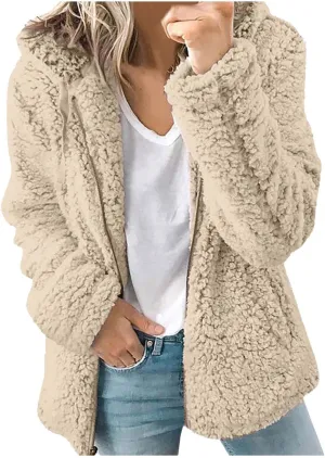 Hooded Cardigan for Women Fuzzy Fleece Open Front Sherpa Coat Solid Soft Casual Winter Outerwear with Pockets