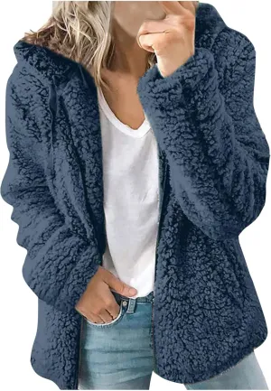 Hooded Cardigan for Women Fuzzy Fleece Open Front Sherpa Coat Solid Soft Casual Winter Outerwear with Pockets