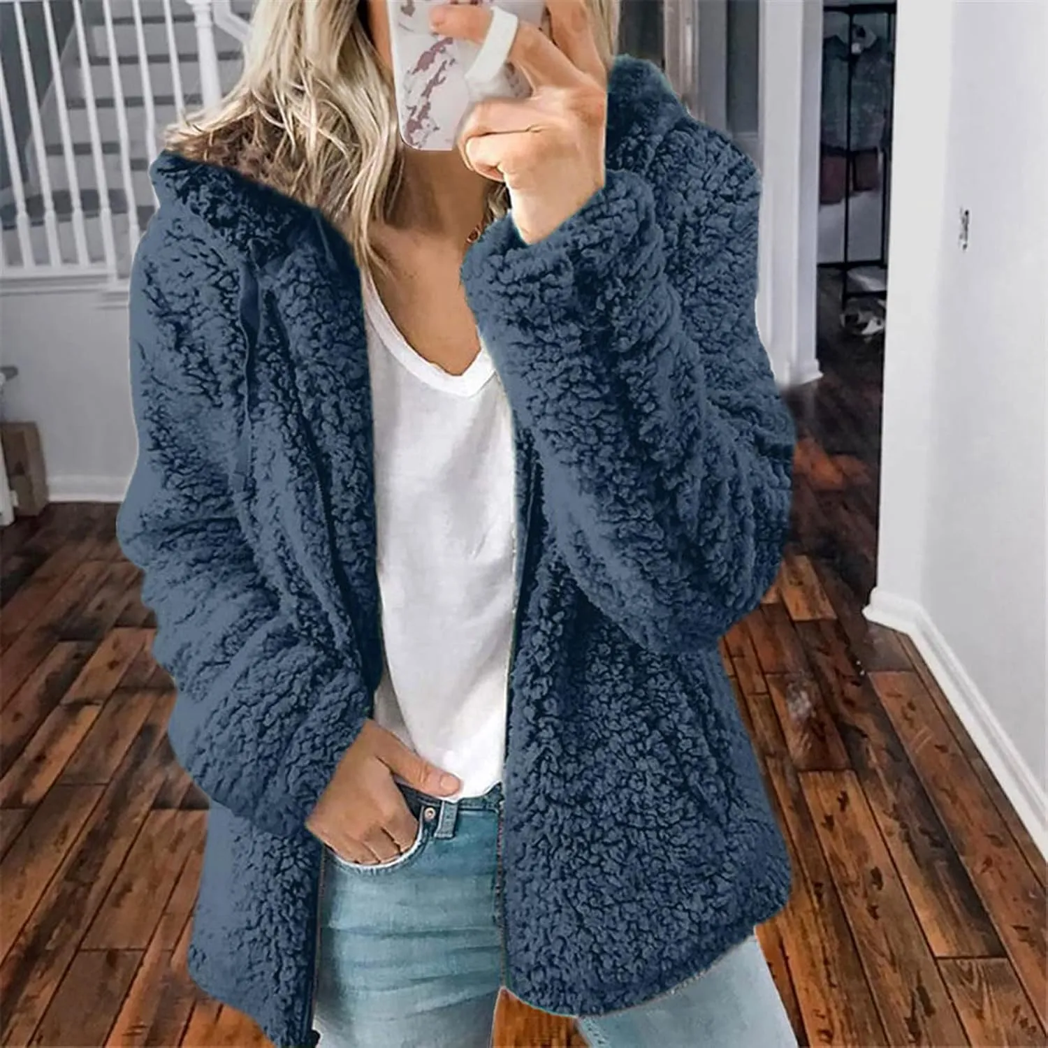 Hooded Cardigan for Women Fuzzy Fleece Open Front Sherpa Coat Solid Soft Casual Winter Outerwear with Pockets