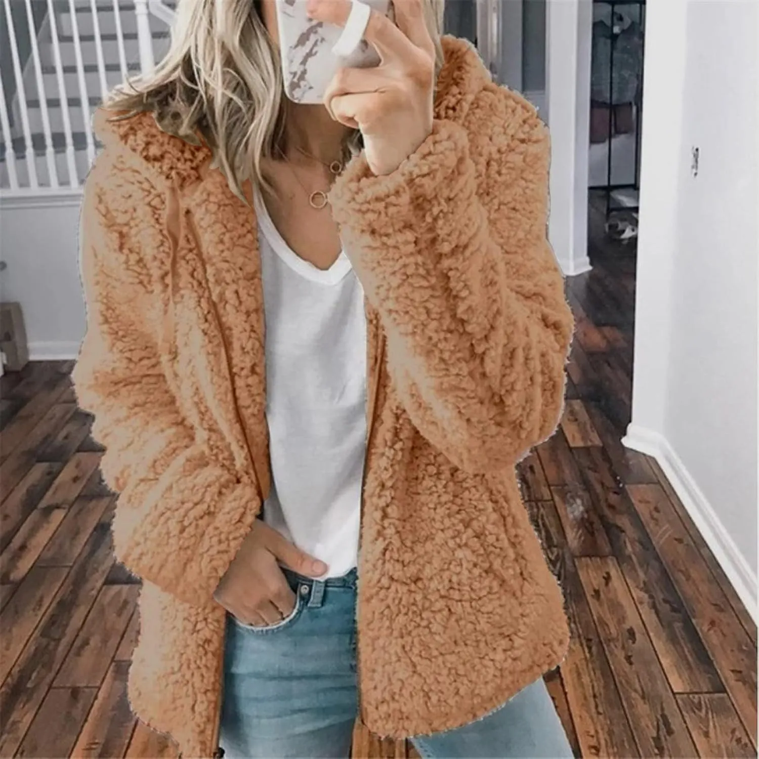 Hooded Cardigan for Women Fuzzy Fleece Open Front Sherpa Coat Solid Soft Casual Winter Outerwear with Pockets