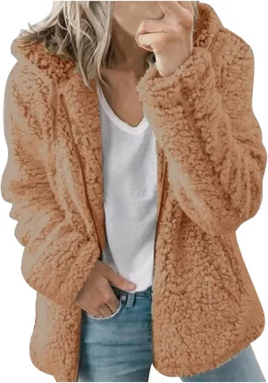Hooded Cardigan for Women Fuzzy Fleece Open Front Sherpa Coat Solid Soft Casual Winter Outerwear with Pockets