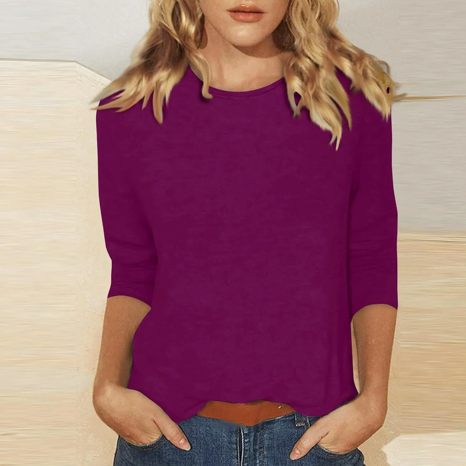 HTHLVMD Womens 3/4 Sleeve Fall Fashion Tops 2025 Oversized Causal Crewneck Solid Color Basic Shirts for Women 2025