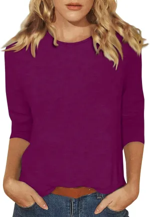 HTHLVMD Womens 3/4 Sleeve Fall Fashion Tops 2025 Oversized Causal Crewneck Solid Color Basic Shirts for Women 2025