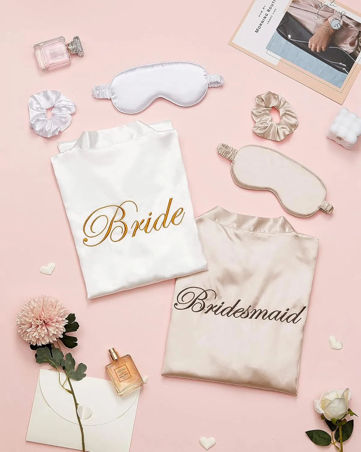 Jecery 7 Pcs Bridesmaid Robe Sets Bride Silk Satin Bridal Party with Sleeping Eye Mask and Elastic Headband
