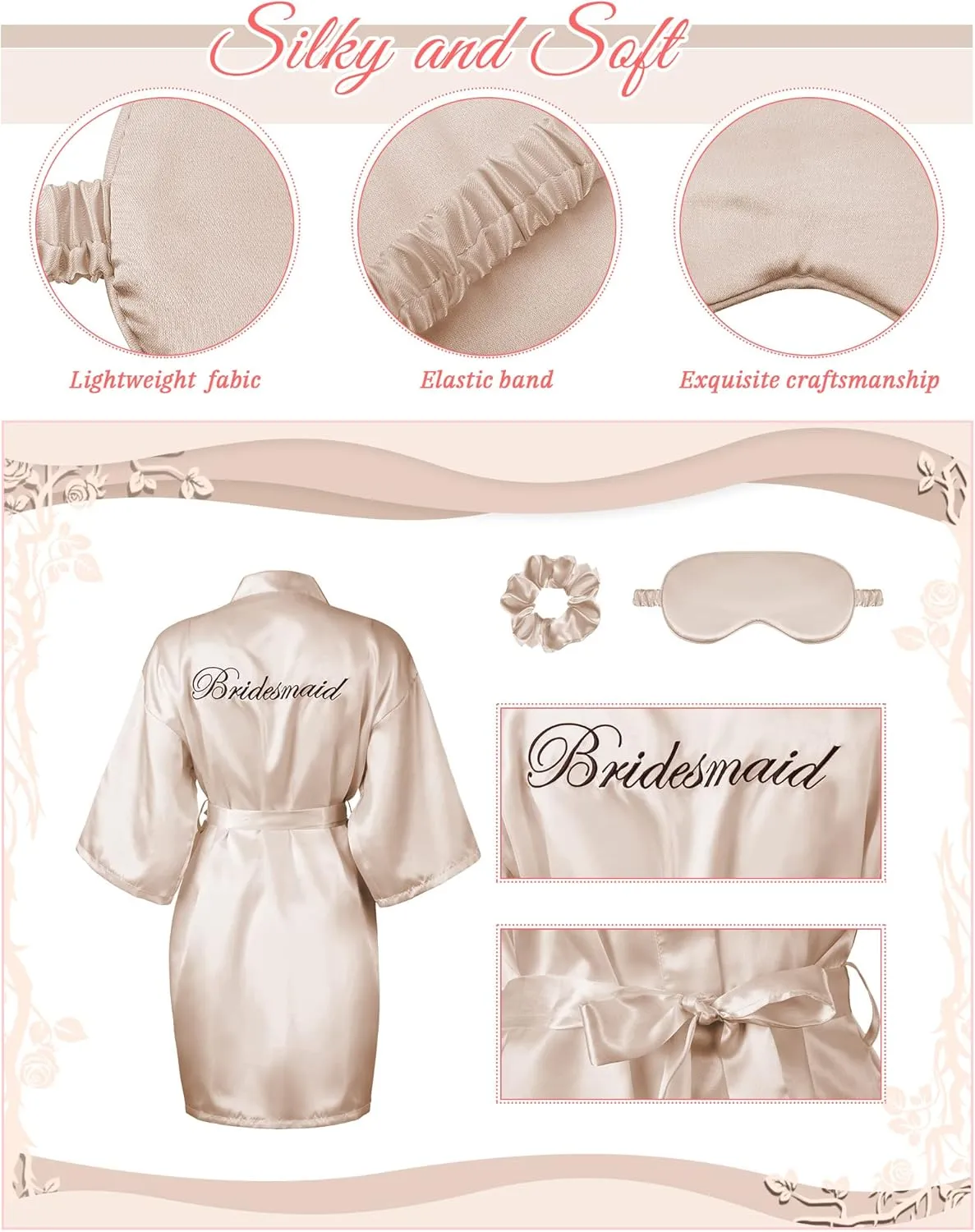 Jecery 7 Pcs Bridesmaid Robe Sets Bride Silk Satin Bridal Party with Sleeping Eye Mask and Elastic Headband