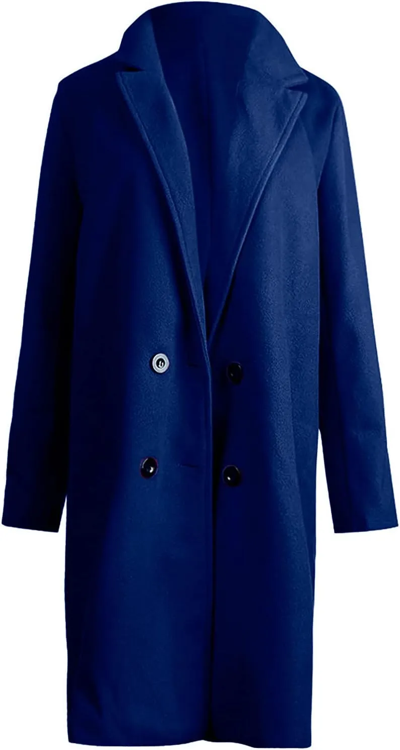jsaierl Women Pea Coat Winter Mid Long Coat Lapel Double Breasted Peacoat 2024 Fall Plus Size Trench Coat Jackets Outwear
