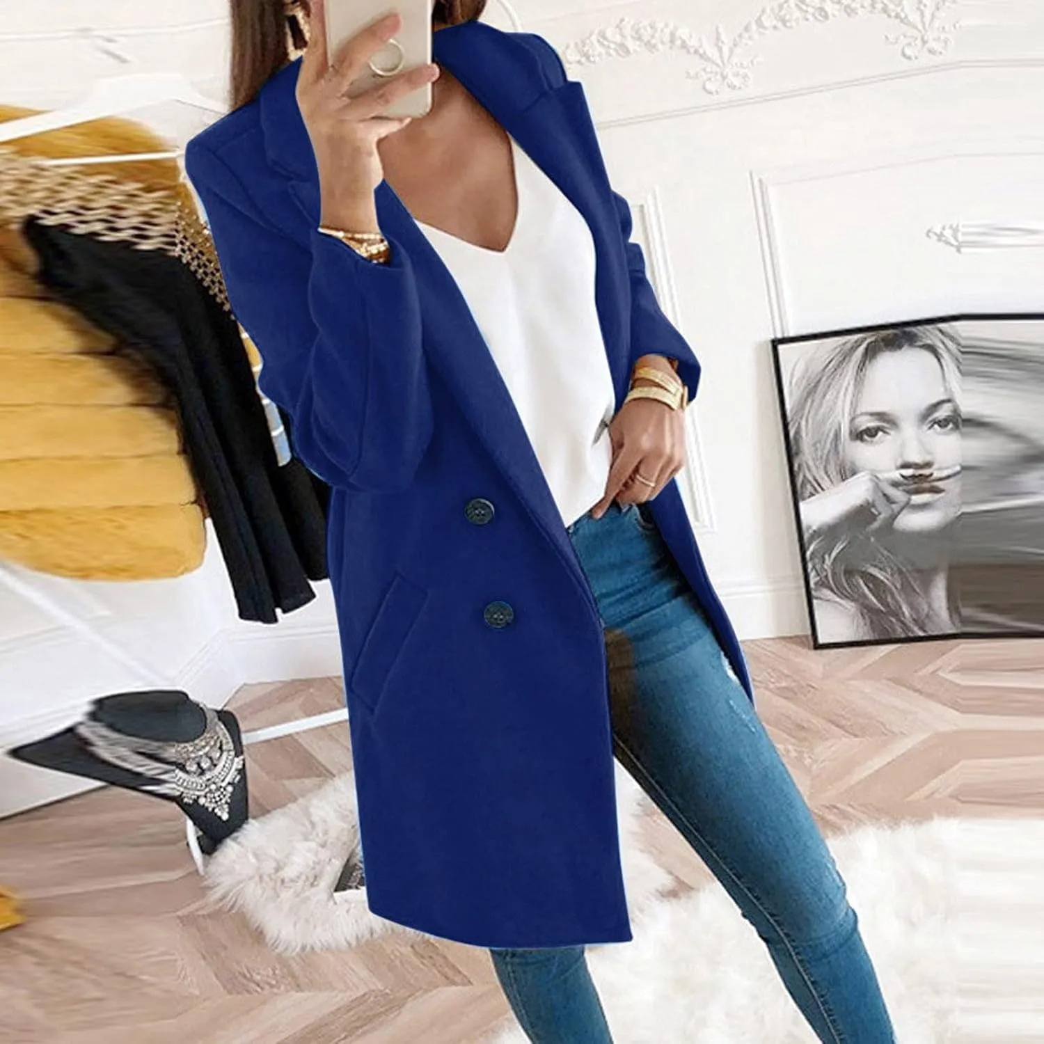 jsaierl Women Pea Coat Winter Mid Long Coat Lapel Double Breasted Peacoat 2024 Fall Plus Size Trench Coat Jackets Outwear