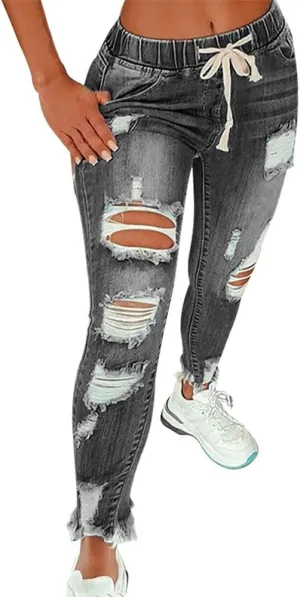 KUNMI Women High Waist Skinny Stretch Ripped Jeans Destroyed Denim Pants Plus Size