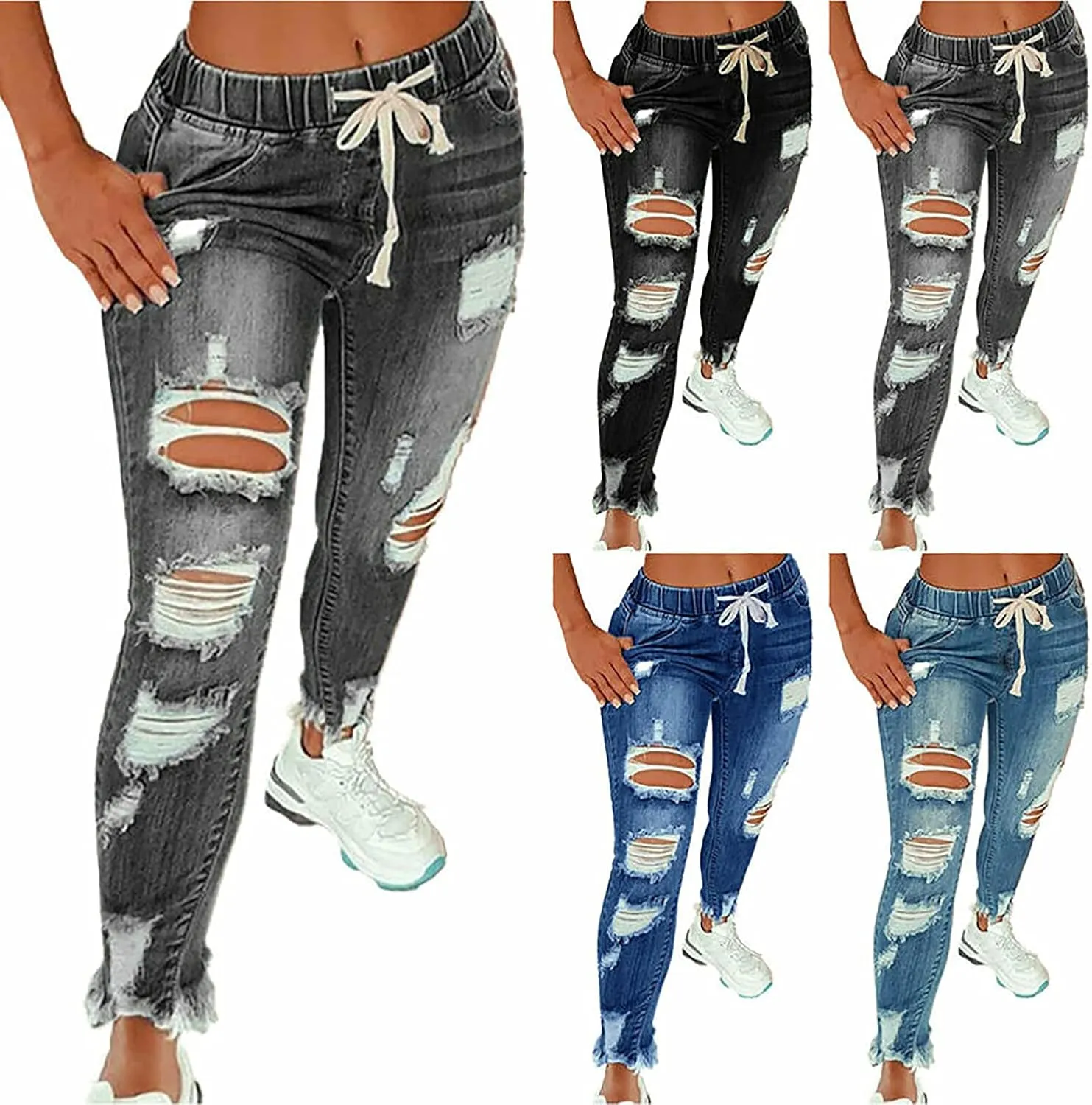 KUNMI Women High Waist Skinny Stretch Ripped Jeans Destroyed Denim Pants Plus Size