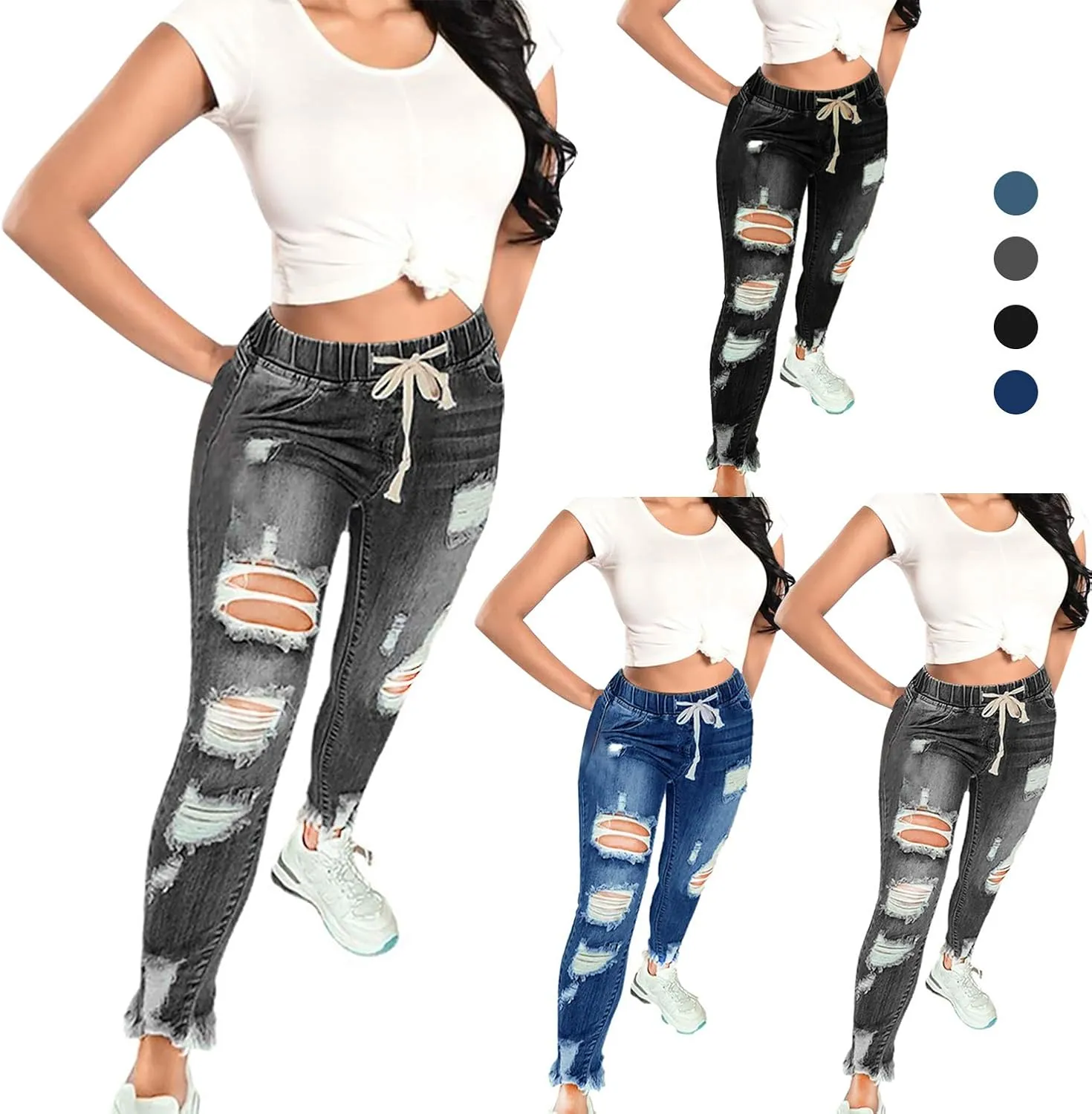 KUNMI Women High Waist Skinny Stretch Ripped Jeans Destroyed Denim Pants Plus Size