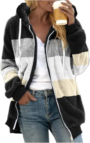 LCMTWX Womens Fuzzy Fleece Jacket Solid Color Artificial Wool Zipper Drawstring Long-Sleeved Hoodie Outerwear with