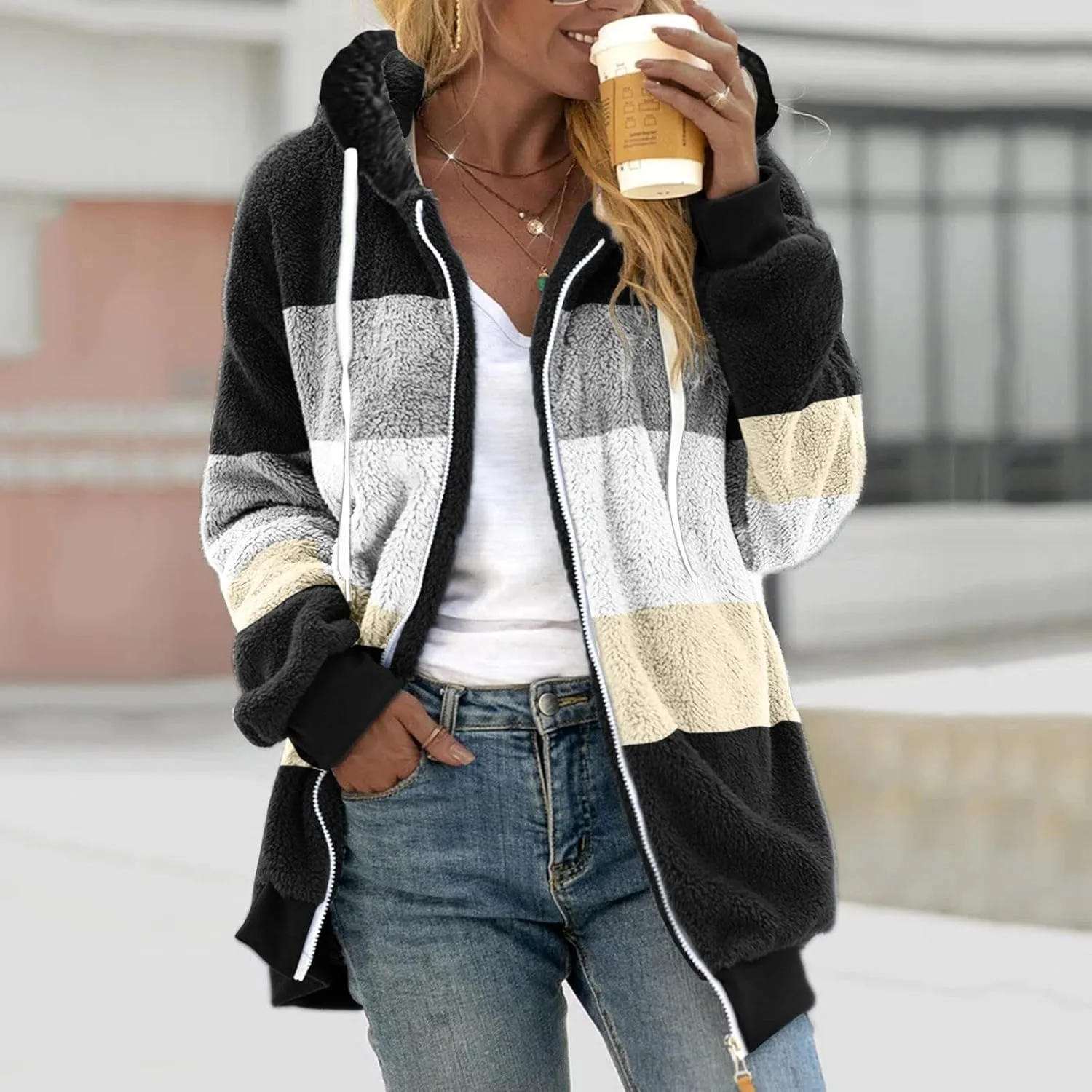 LCMTWX Womens Fuzzy Fleece Jacket Solid Color Artificial Wool Zipper Drawstring Long-Sleeved Hoodie Outerwear with