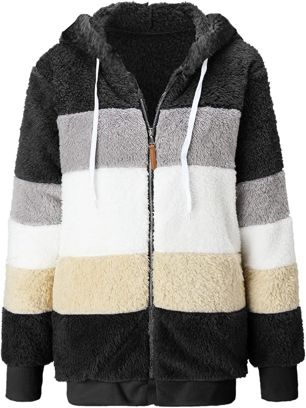 LCMTWX Womens Fuzzy Fleece Jacket Solid Color Artificial Wool Zipper Drawstring Long-Sleeved Hoodie Outerwear with