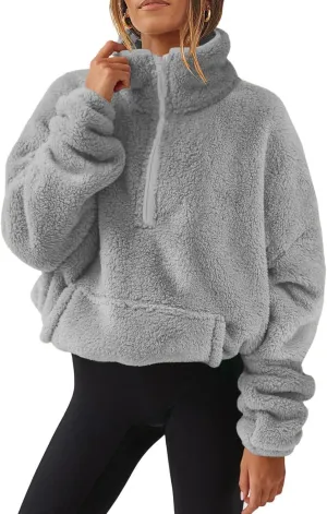 lcziwo Womens Fleece Cropped Sweatshirt Fuzzy Sherpa Half Zip Pullover Tops Oversized Warm Winter Coat with Pockets