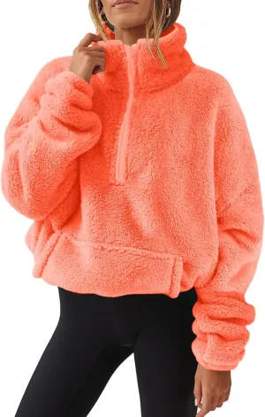 lcziwo Womens Fleece Cropped Sweatshirt Fuzzy Sherpa Half Zip Pullover Tops Oversized Warm Winter Coat with Pockets