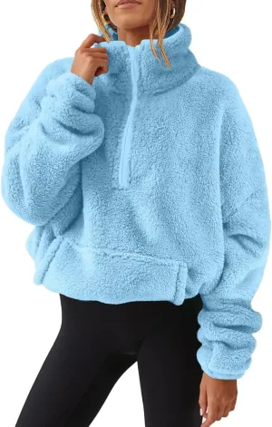 lcziwo Womens Fleece Cropped Sweatshirt Fuzzy Sherpa Half Zip Pullover Tops Oversized Warm Winter Coat with Pockets