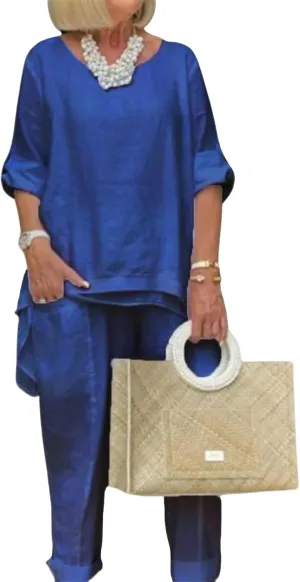 Linen 2 Piece Set for Women Plus Size Dressy Casual Cotton Linen Outfits Long Sleeve Shirts Wide Leg Trousers