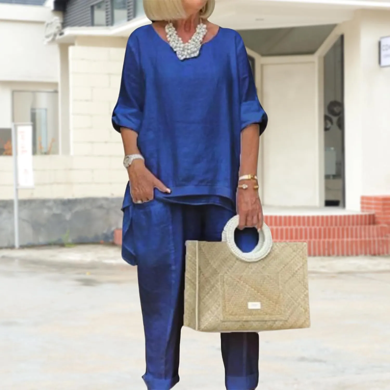 Linen 2 Piece Set for Women Plus Size Dressy Casual Cotton Linen Outfits Long Sleeve Shirts Wide Leg Trousers