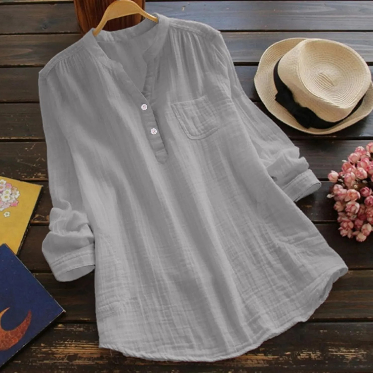Linen Gauze Shirts Women 2025 Summer Long Sleeve Button Down Vneck Casual Tee Lightweight Vacation Going Out Blouses