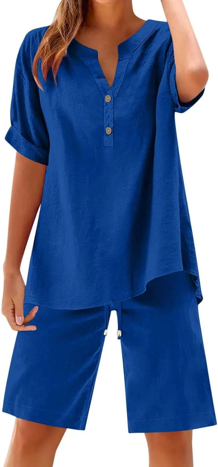 Linen Set for Women 2 Piece Summer Outfits Plus Size Short Sleeve Graphic Tees Short Pants Lounge Matching Sets