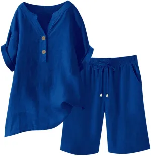 Linen Set for Women 2 Piece Summer Outfits Plus Size Short Sleeve Graphic Tees Short Pants Lounge Matching Sets