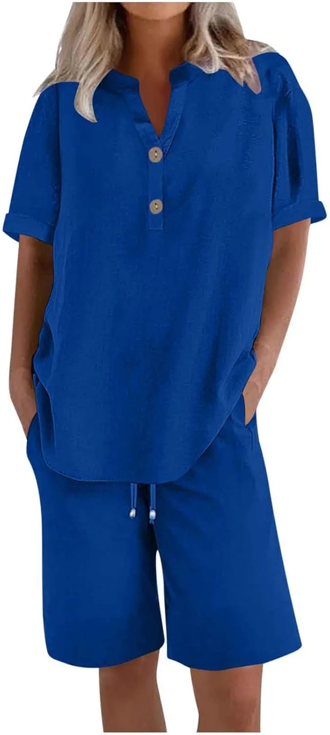 Linen Set for Women 2 Piece Summer Outfits Plus Size Short Sleeve Graphic Tees Short Pants Lounge Matching Sets