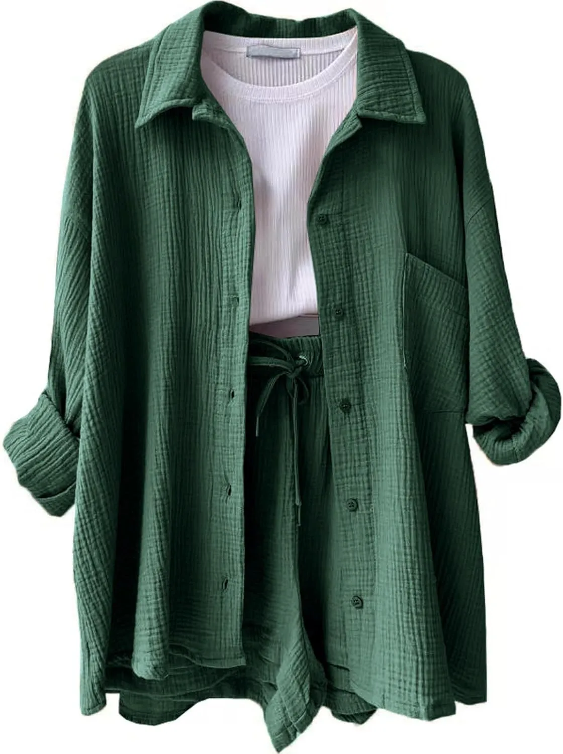 Linen Sets for Women 2 Piece Button Down Long Sleeve Shirts and Drawstring Shorts Set Matching Summer Lounge Sets