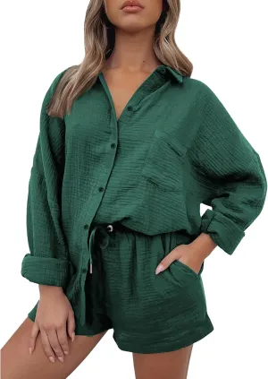 Linen Sets for Women 2 Piece Button Down Long Sleeve Shirts and Drawstring Shorts Set Matching Summer Lounge Sets