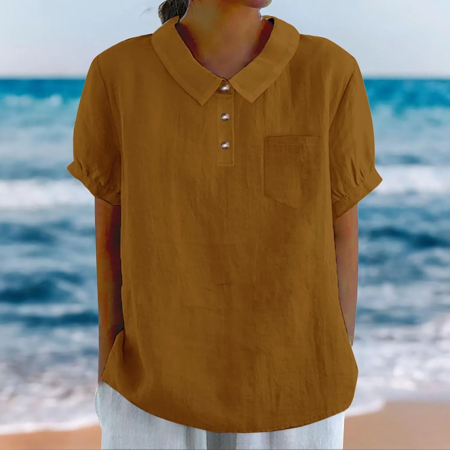 Linen Shirts for Women Summer Lightweight Short Sleeve Tunic Tshirts Cute Collared Tops Business Work Casual Blouses
