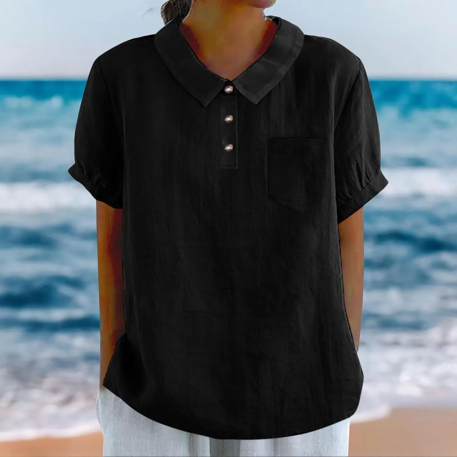 Linen Shirts for Women Summer Lightweight Short Sleeve Tunic Tshirts Cute Collared Tops Business Work Casual Blouses