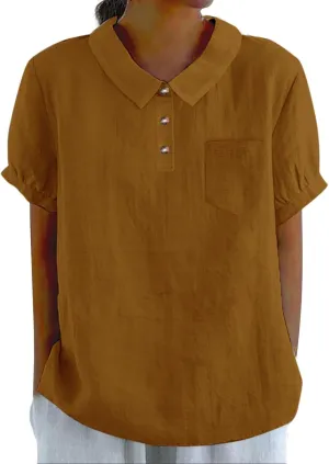 Linen Shirts for Women Summer Lightweight Short Sleeve Tunic Tshirts Cute Collared Tops Business Work Casual Blouses