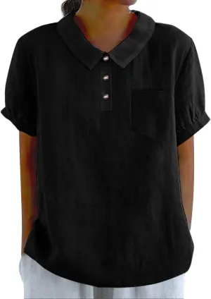 Linen Shirts for Women Summer Lightweight Short Sleeve Tunic Tshirts Cute Collared Tops Business Work Casual Blouses