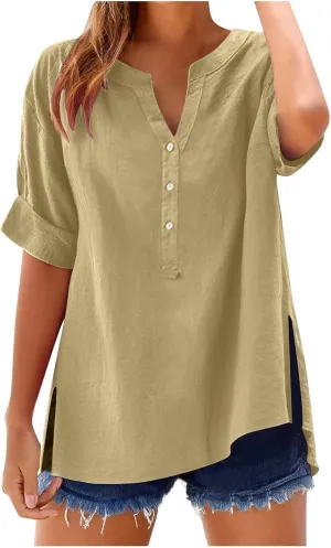 Linen Tops for Women Button Down Vneck Shirts 2025 Summer Casual Short Sleeve Loose Tshirt Cotton Linen Blouse Tee