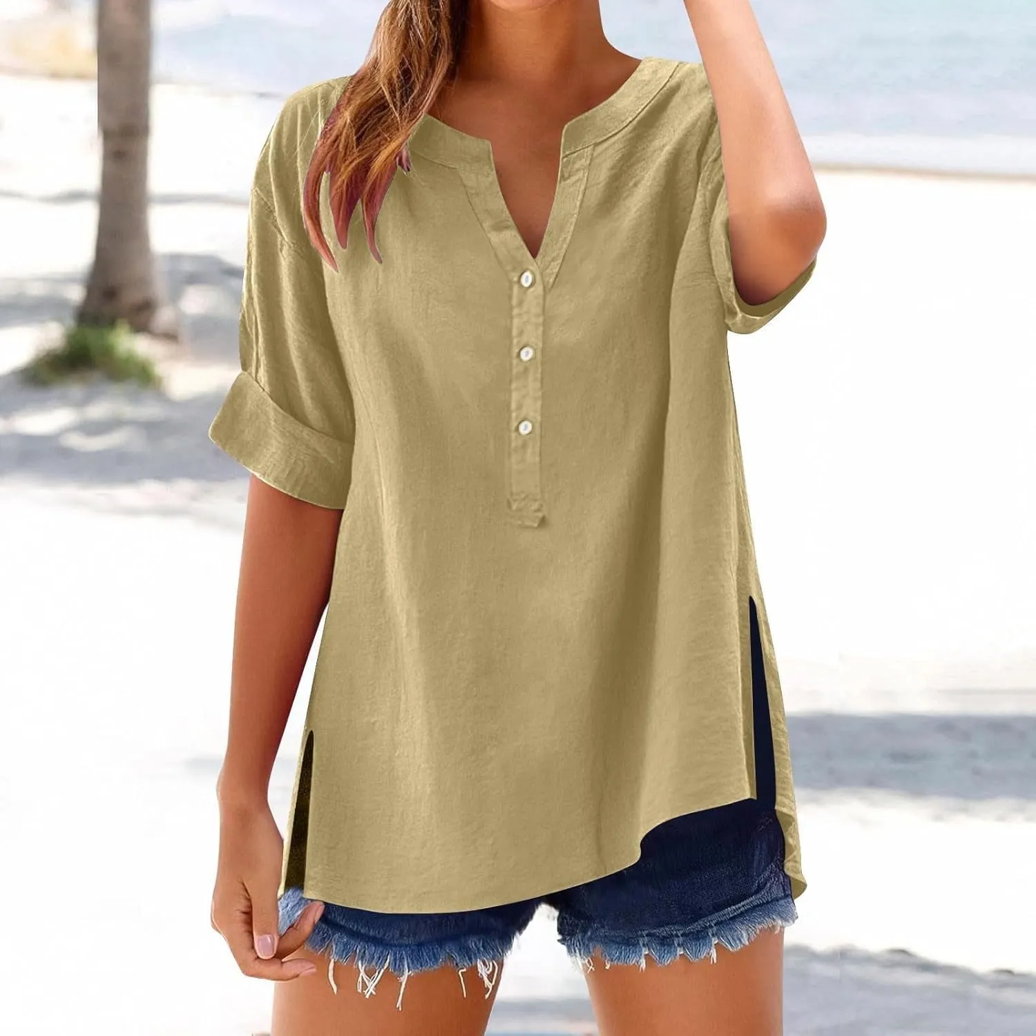 Linen Tops for Women Button Down Vneck Shirts 2025 Summer Casual Short Sleeve Loose Tshirt Cotton Linen Blouse Tee
