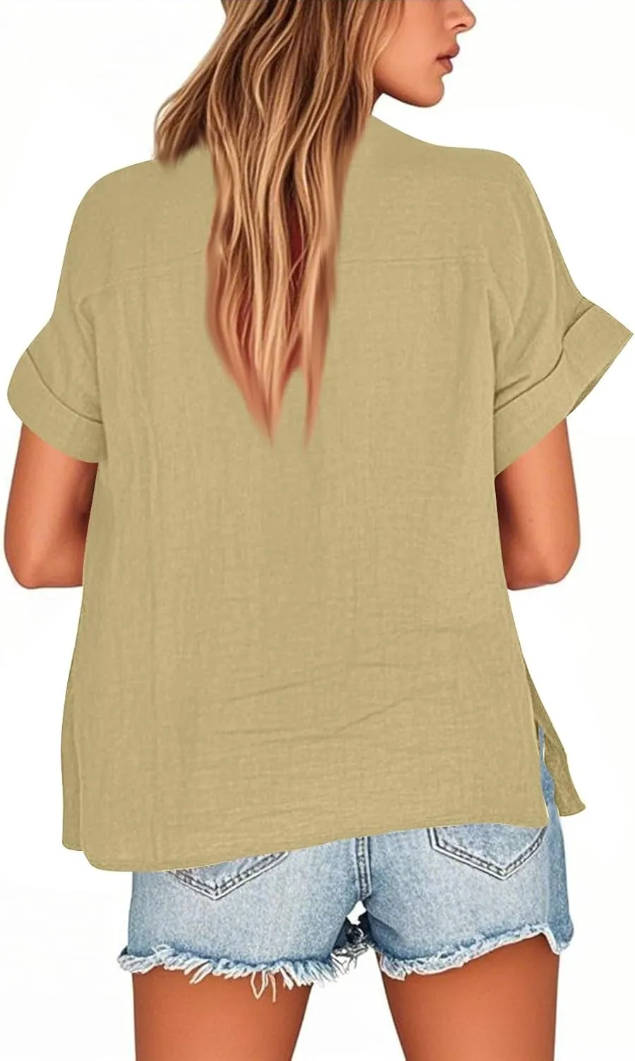 Linen Tops for Women Button Down Vneck Shirts 2025 Summer Casual Short Sleeve Loose Tshirt Cotton Linen Blouse Tee