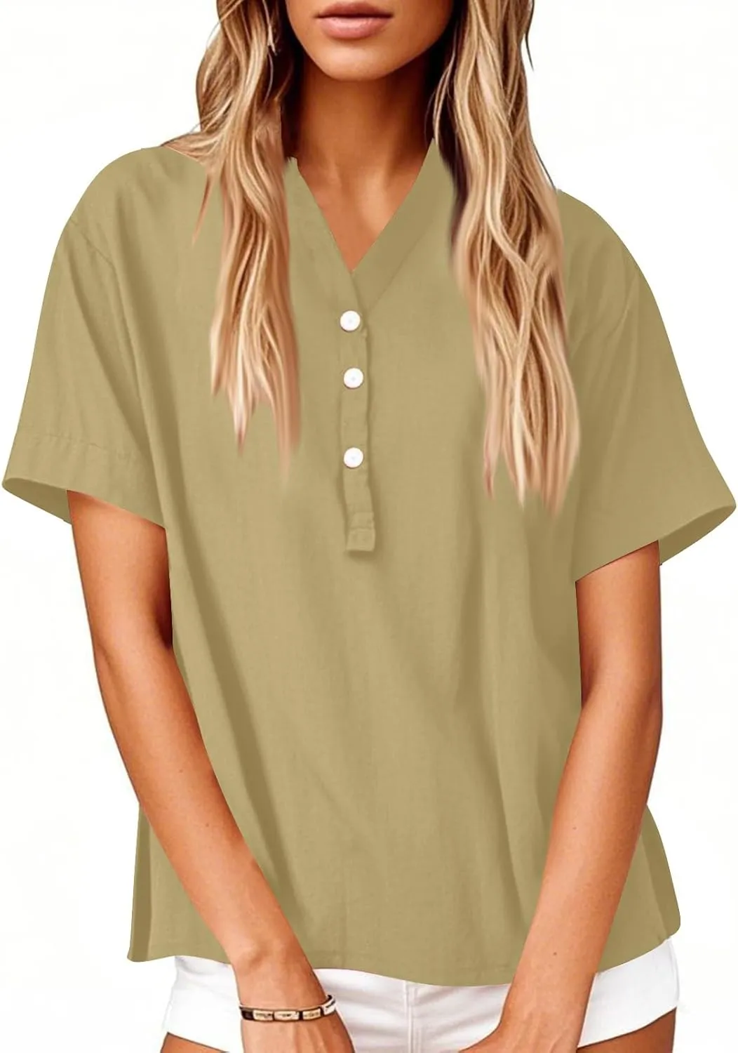 Linen Tops for Women Button Down Vneck Shirts 2025 Summer Casual Short Sleeve Loose Tshirt Cotton Linen Blouse Tee