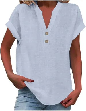 Linen Tops for Women Oversized Crewneck Summer Short Sleeve Linen Tee Shirts Buttons Casual Comfy Tunics Top