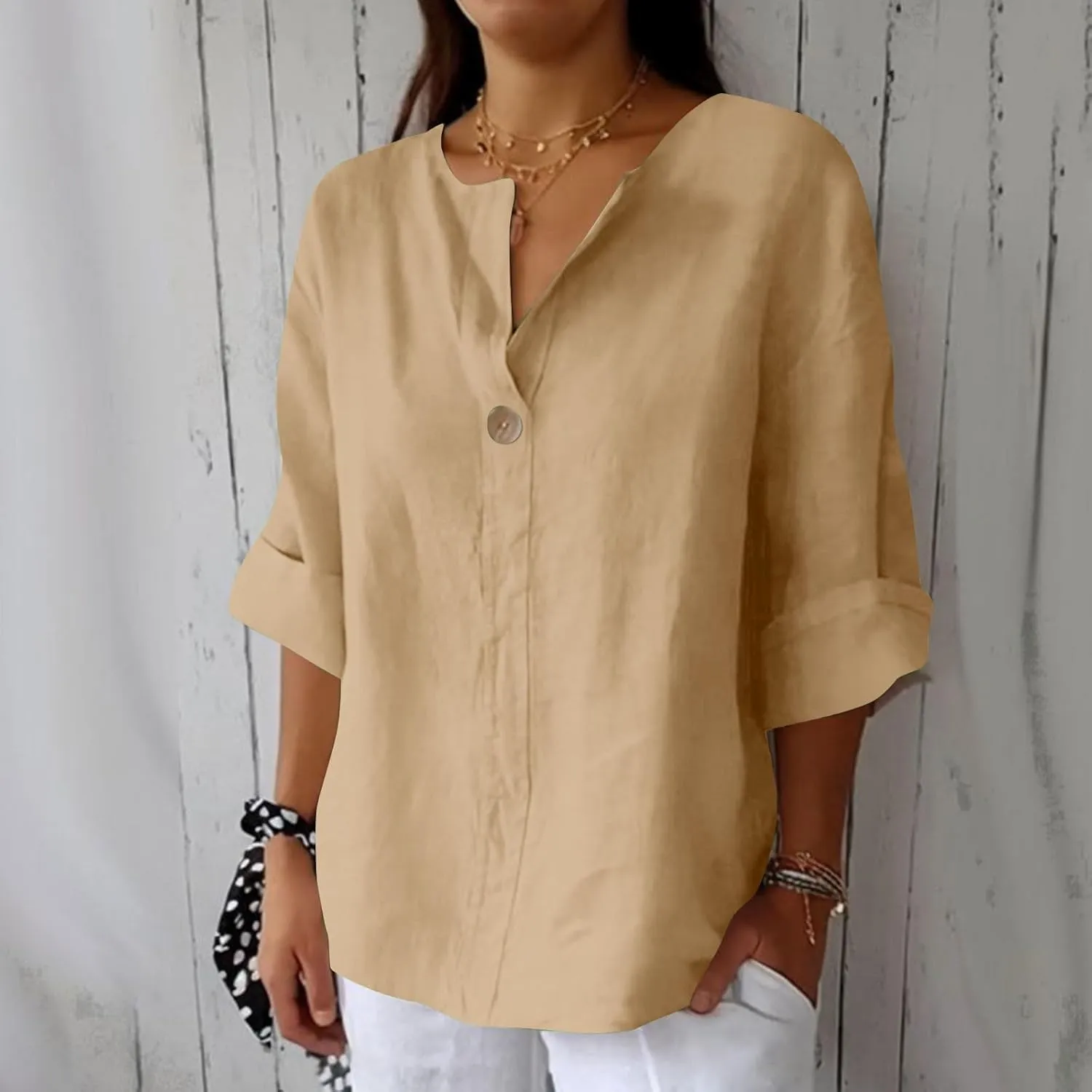 Linen Tops for Women Summer V Neck 3/4 Length Sleeve Retro Tops with Button Roll-Up Sleeve Casual Loose Fit Blouses