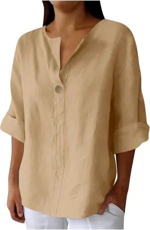Linen Tops for Women Summer V Neck 3/4 Length Sleeve Retro Tops with Button Roll-Up Sleeve Casual Loose Fit Blouses