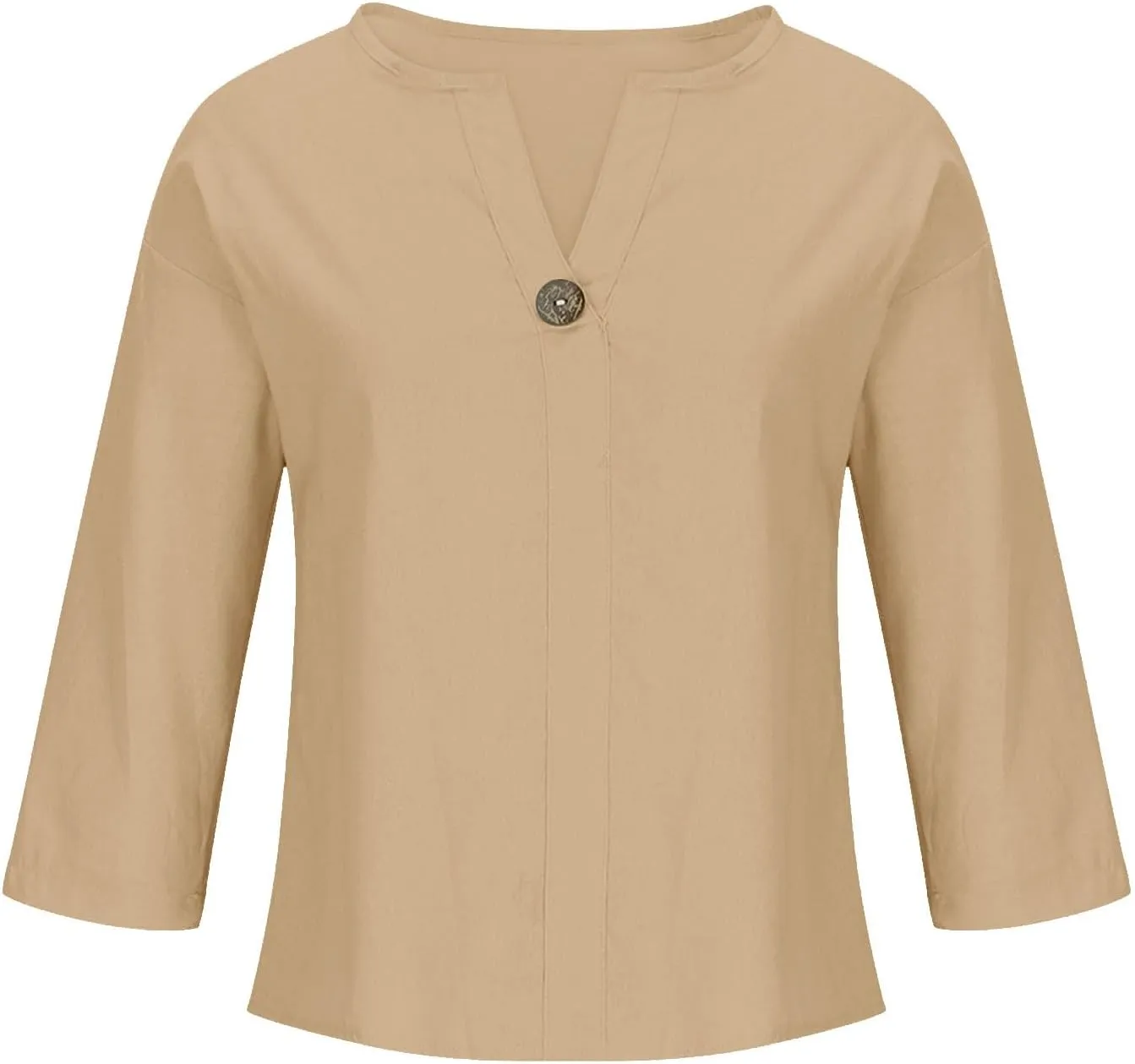 Linen Tops for Women Summer V Neck 3/4 Length Sleeve Retro Tops with Button Roll-Up Sleeve Casual Loose Fit Blouses