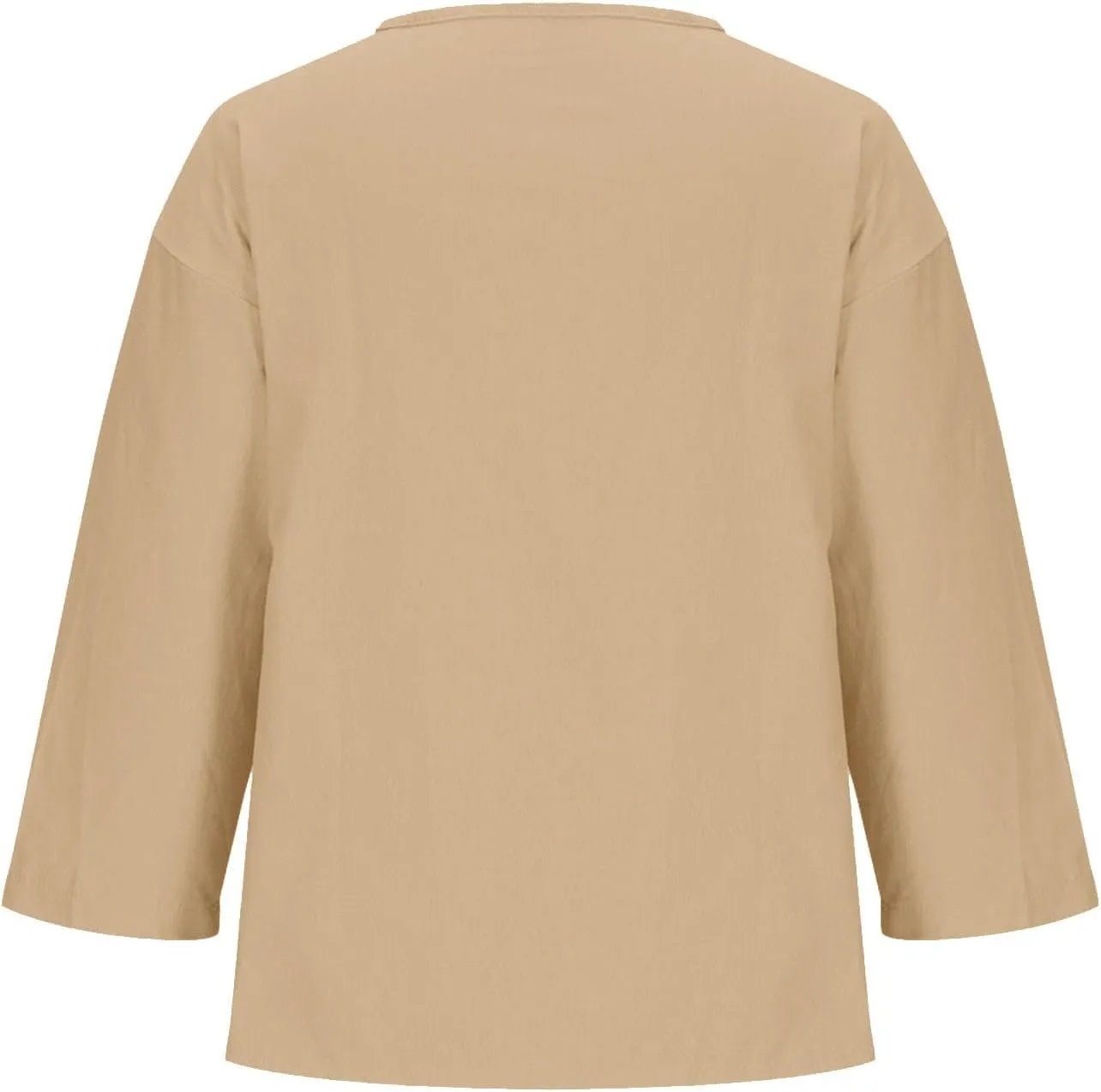 Linen Tops for Women Summer V Neck 3/4 Length Sleeve Retro Tops with Button Roll-Up Sleeve Casual Loose Fit Blouses